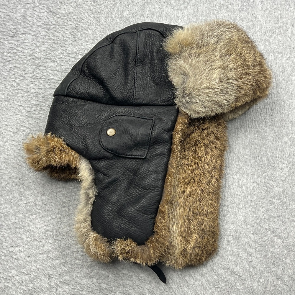 Mad Bomber Hat Mens XL Black Leather Natural Rabbit Fur Ear Flaps Trapper Cap